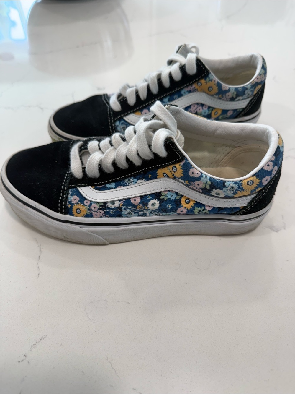 Vans Kids Old Skool Black with Blue Floral Accents